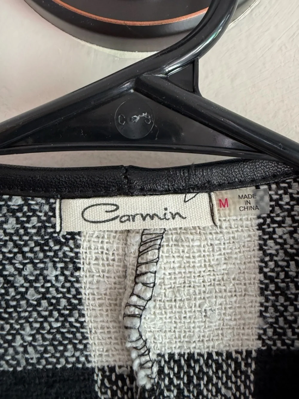 Carmin Buffalo Plaid Draped Open Front Cardigan Black White Faux Leather Trim M - Picture 2 of 4